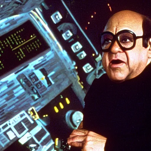 Image similar to captain danny devito sitting in the captains chair of the USS enterprise, star trek the next generation, cinematic