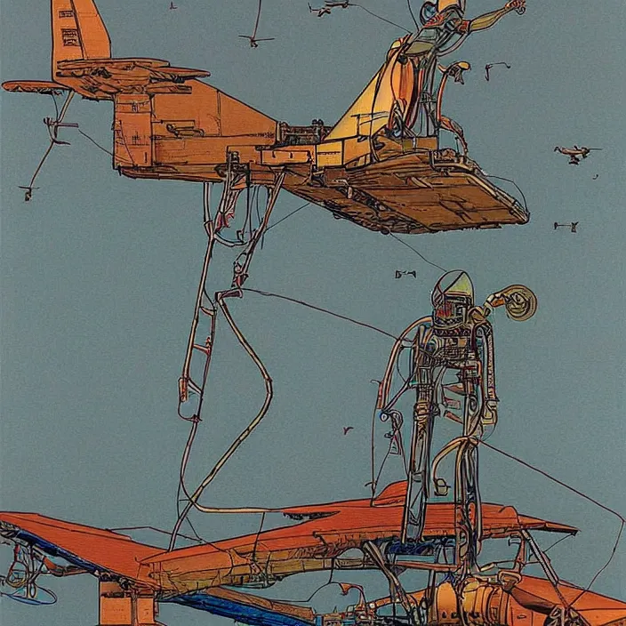 Prompt: humanoid airplane watching worried a screen with flight information. painting by moebius