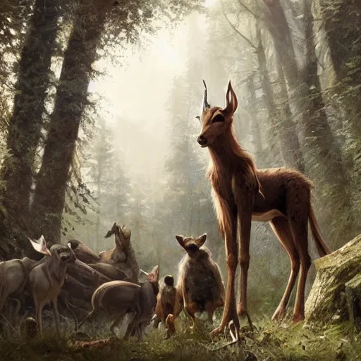 Image similar to 'portrait of a wood-elf surrounded by animals in the woods, art by Greg Rutkowski, 4k'