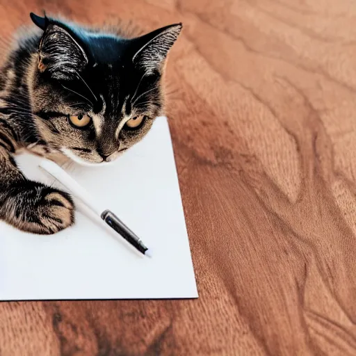 Image similar to a photo of a cat writing the word meow on a notepad