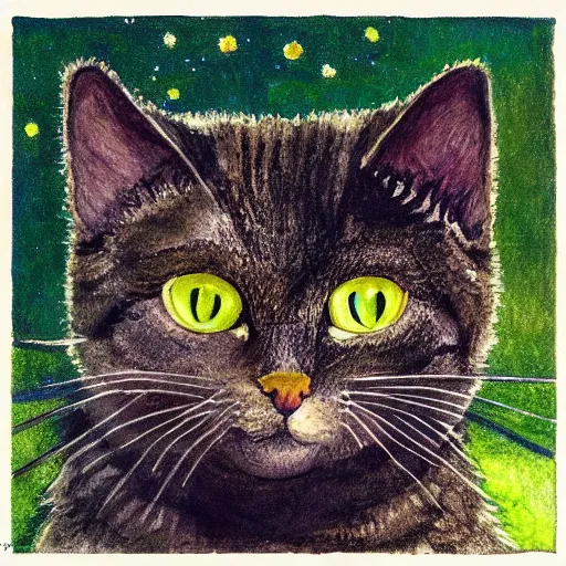 Prompt: portrait of a very fluffy dark tabby cat with green eyes, happy cat, canned food, moonlight, full body, smiling cat, golden colors, flowers, intricate, elegant, highly detailed, smooth, sharp focus, illustration, art by gustav klimt