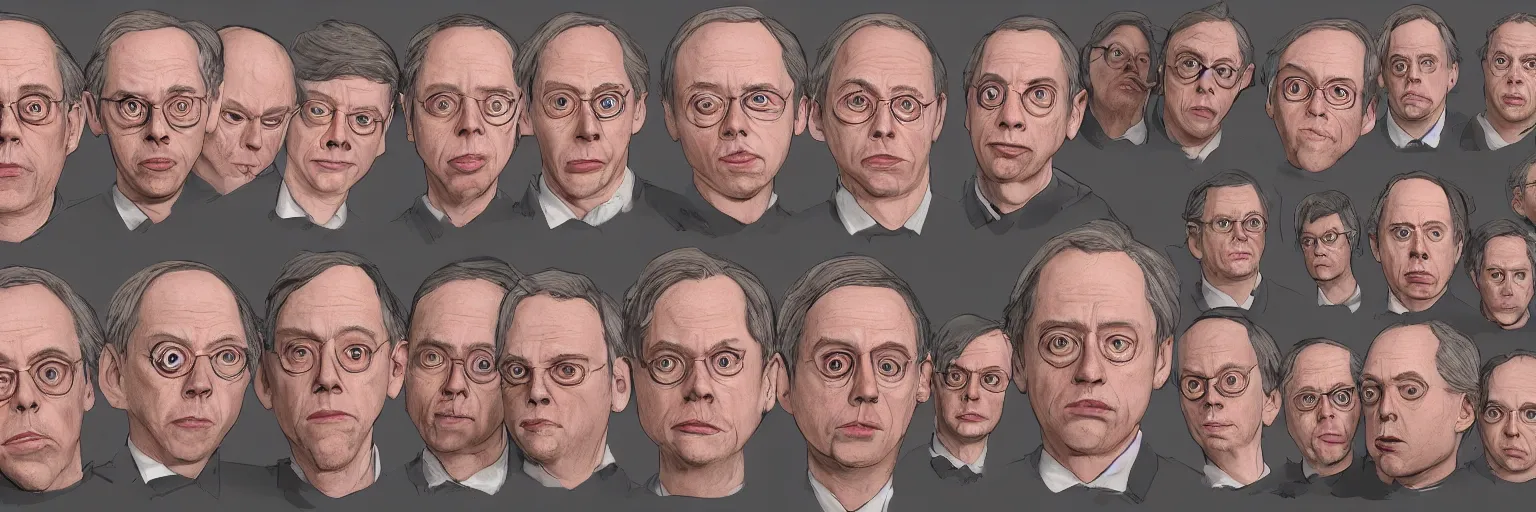 Prompt: character study of todd solondz and steve buscemi and paul dano, 2 0 2 2, clear faces, emotional, character sheet, fine details, concept design, contrast, kim jung gi, pixar and da vinci, trending on artstation, 8 k, full body and head, turnaround, front view, back view, ultra wide angle