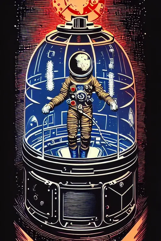 Image similar to steampunk cryo chamber containing an cosmonaut, high details, intricately detailed, by vincent di fate, inking, 3 color screen print, masterpiece, trending on artstation,, sharp, details, hyper - detailed, hd, 4 k, 8 k