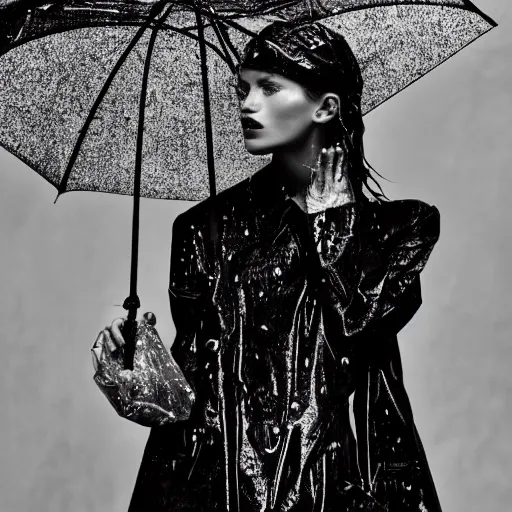 Prompt: close up of a wet fashion model in luxury dress, rainy, official dior editorial, highly detailed