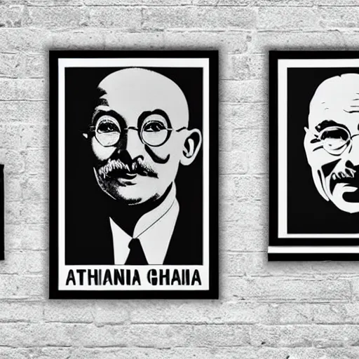 Image similar to propaganda posters of ghandi, evil, 4 k, stapled to a colourless white brick wall