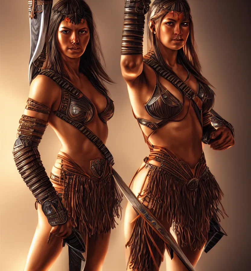 Prompt: amazonian female warrior, symmetrical portrait, full body by wlop, stanley artgerm 8 k