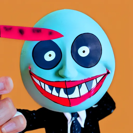 Prompt: photo of vinyl designer toy, cartoon character, head moon crescent, creepy smiling evil face with wrinkles, holds a knife in hand