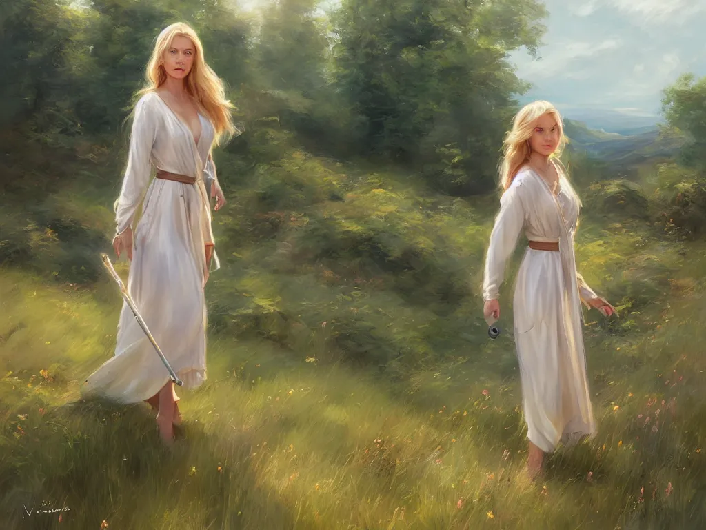 Image similar to blonde female jedi, Swedish countryside, landscape view, archipelago, painting by Vladimir Volegov, wlop, artstation