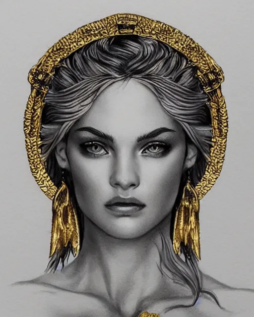 Image similar to tattoo design sketch of hot blonde super model as aphrodite greek goddess wearing a gold laurel wreath and triangle earrings, beautiful piercing gaze with sharp pupils, in the style of greg rutkowski, fantasy, amazing detail, epic, elegant, smooth, sharp focus, front view