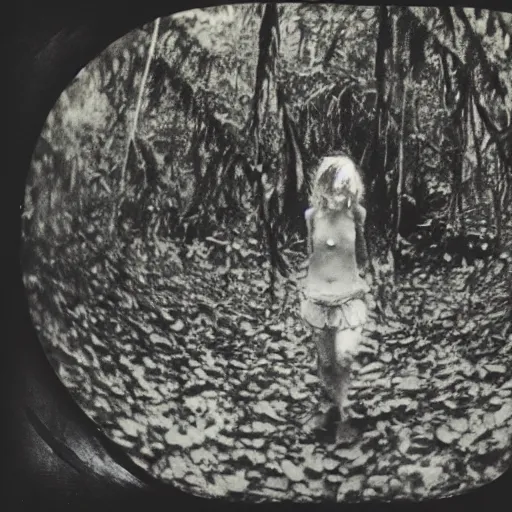 Image similar to an ancient evil-girl devouring the human souls on a mysterious Colombian jungle, mist, abandoned house, 1910 polaroid photography, grainy film, Black and white