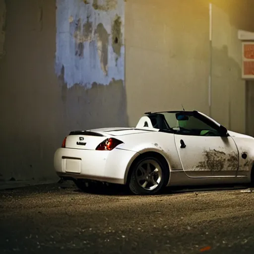 Prompt: decaying white 350z roadster abandoned in alley night time decrepit shot from bladeruner 2049 soft lighting dark shadows beautiful 35mm camera Greig Fraser