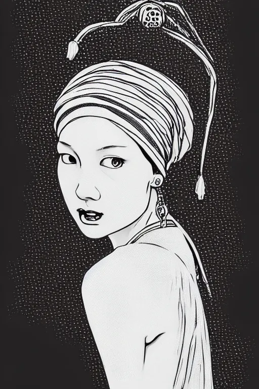 Image similar to beautiful portrait of a woman, negative no not the girl with a pearl earring, highly detailed ink illustration of a narrow neon lit tokyo alley, b & w clean shaped illustration by kim jung gi, ric estrada, ron english and eiichiro oda