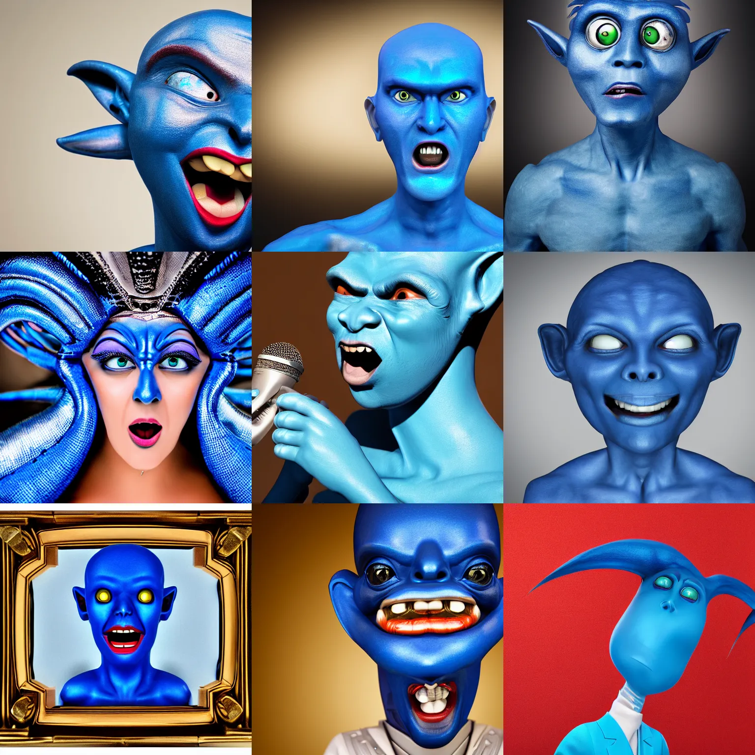 Prompt: Portrait of a blue alien that is singing opera, photo, 8k
