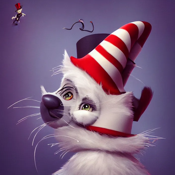 Image similar to complex 3 d render, hyper detailed, ultra sharp, christopher walken as cat in the hat, scary, cute, cinematic, head and shoulders, steampunk, natural soft light, rim light, octane render, artstation, art by artgerm and greg rutkowski and alberto seveso, dr seuss