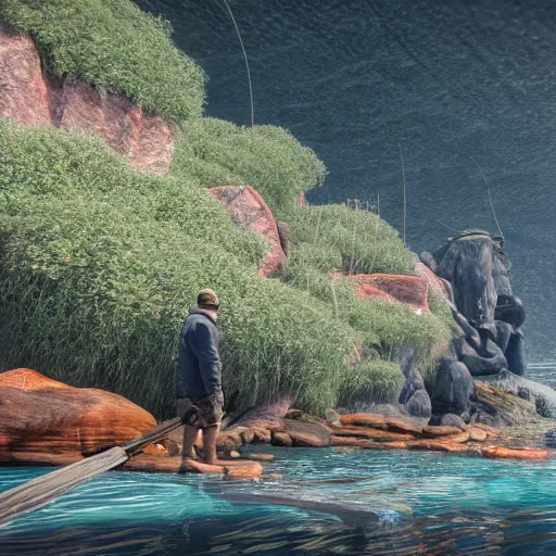 Image similar to Fishermen can be seen fishing at the beginning of the episode as the French Narrator explains their dangerous effects on aquatic species, Realistic, HDR, 8K, HDD, Unreal Engine 5,