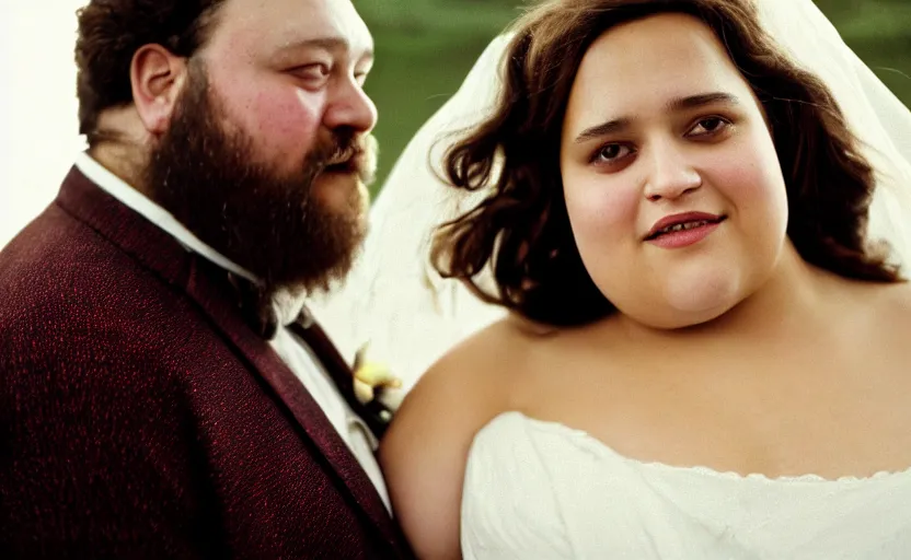 Prompt: movie still close-up portrait of skinny cheerful Alicia Vikander in a wedding dress. She embraces her husband, a morbidly obese and bearded nerd. By David Bailey, Cinestill 800t 50mm eastmancolor, heavy grainy picture, very detailed, high quality, 4k, HD criterion, precise texture and facial expression