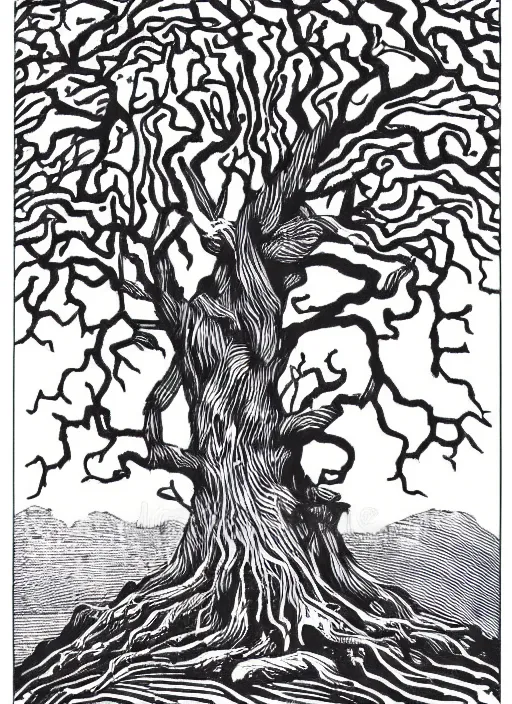 Prompt: gnarled tree of life on white background with white space around the tree, art by james o barr and albrecht durer, woodblock print, engraved, black and white, vector, vector art