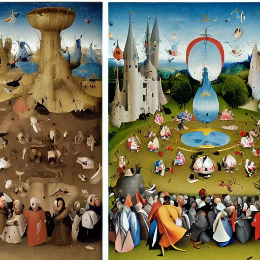 Prompt: donald duck in the garden of earthly delights by hieronymus bosch, hyper detailed, photorealistic.