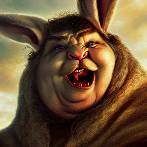 Image similar to hyper realistic, lord of the rings, close up portrait of a mega derpy john candy, big chungus, with bunny ears, stoned, by greg rutkowski, scott m fischer, artgerm, loish, slight glow, atmospheric, anne stokes, alexandros pyromallis