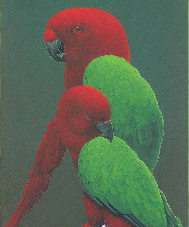 Image similar to beautiful emerald green parrot with red aura and eyes, by zdzisław beksinski, by gustave dore