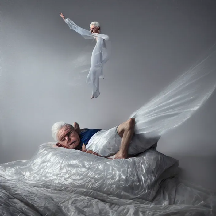 Image similar to a 7 0 year old white haired man lays on a bed, a transparent iridescent figure levitates above him, by michal karcz, canon eos c 3 0 0, ƒ 1. 8, 3 5 mm, 8 k, medium - format print