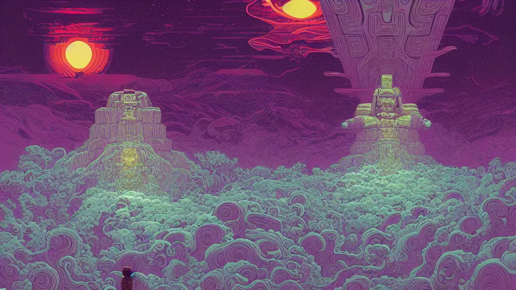 Image similar to highly detailed illustration of a mayan god standing above the clouds by kilian eng, by moebius!, by oliver vernon, by kyle hotz, by dan mumford