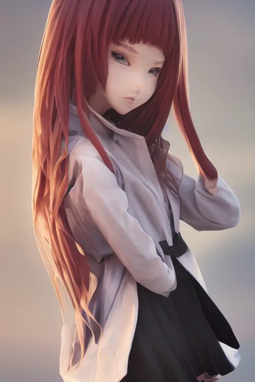 Image similar to Very complcated dynamic composition, realistic anime style at Pixiv, Zbrush sculpt colored, Octane render in Maya and Houdini VFX, young redhead girl in motion, wearing jacket and skirt, silky hair, black stunning deep eyes. By ilya kuvshinov, krenz cushart, Greg Rutkowski, trending on artstation. Amazing textured brush strokes. Cinematic dramatic soft volumetric studio lighting