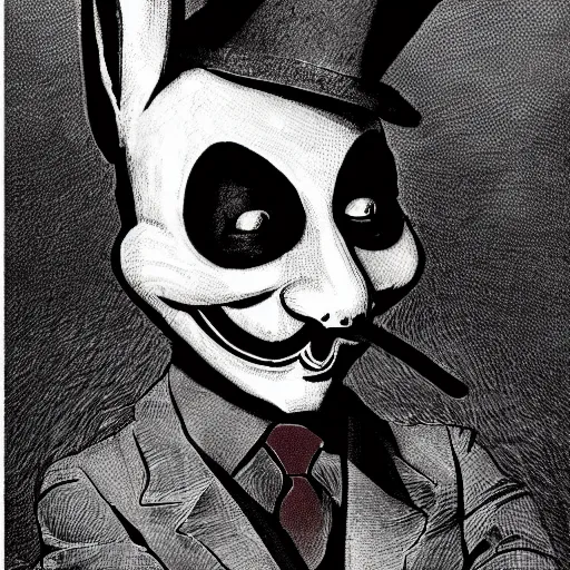 Image similar to a detailed portrait of a creepy bunny from a cult wearing an anonymous guy fawkes mask dressed in a suit having dark eyes, epic, cinematic, very detailed, creepy, horror, dreamscape