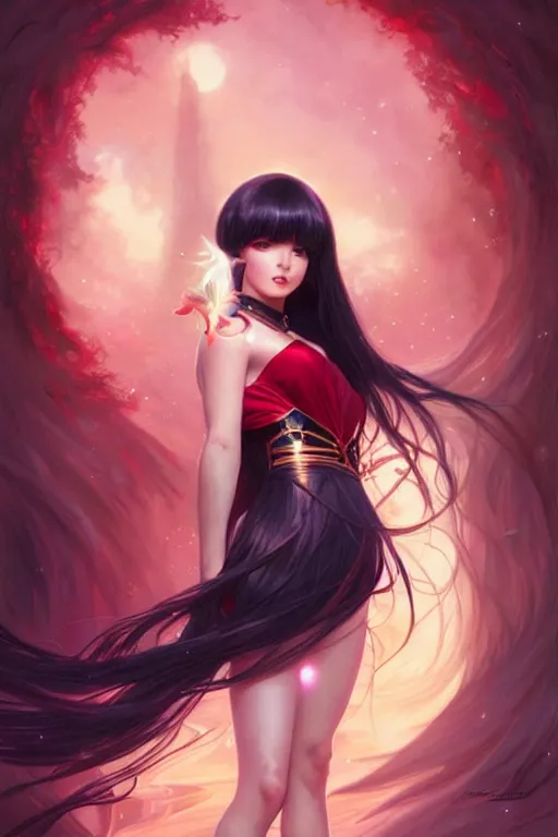 Image similar to a beautiful princess, long black hair and bangs, sailor mars aesthetic, fantasy, intricate, elegant, highly detailed, digital painting, artstation, concept art, matte, sharp focus, illustration, art by Artgerm and Greg Rutkowski and Alphonse Mucha