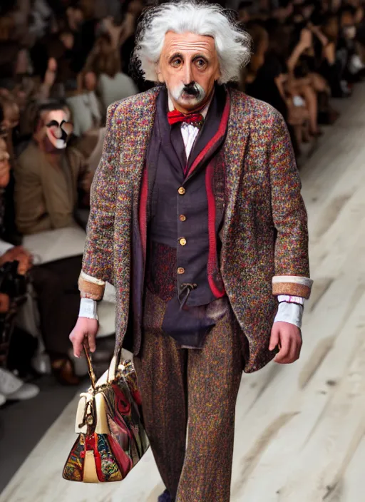 Image similar to hyperrealistic and heavy detailed gucci runway show of albert einstein, leica sl 2 5 0 mm, vivid color, high quality, high textured, real life