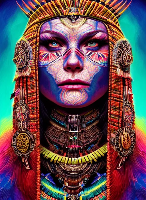 Image similar to portrait of kirsten dunst, hyper detailed ultra sharp aztec shaman warrior. trending on artstation, warpaint aesthetic, bloodwave, colorful, psychedelic, ornate, intricate, digital painting, concept art, smooth, sharp focus, illustration, art by artgerm and greg rutkowski and h. r. giger, 8 k