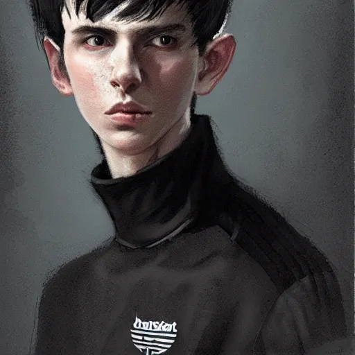 Prompt: Portrait of a man by Greg Rutkowski, he is about 18 years old, british, short black hair with bangs, young, pale, tall and slim, tired look, he's wearing a black adidas tracksuit, highly detailed portrait, scifi, digital painting, artstation, concept art, smooth, sharp foccus ilustration, Artstation HQ