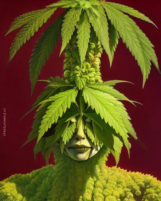 Image similar to an ultradetailed beautiful portrait panting of an anthropomorphic marihuana plant, front view, oil painting, by ilya kuvshinov, greg rutkowski and makoto shinkai