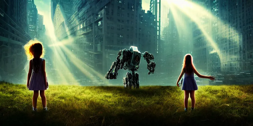 Image similar to sci - fi scene future new york, little girl by herself in the city holding onto the outstretched hand of a giant robot, forest punk, little girl meets robot, crepuscular rays, epic scene, hyper realistic, photo realistic, overgrowth, cinematic atmosphere, ethereal lighting,