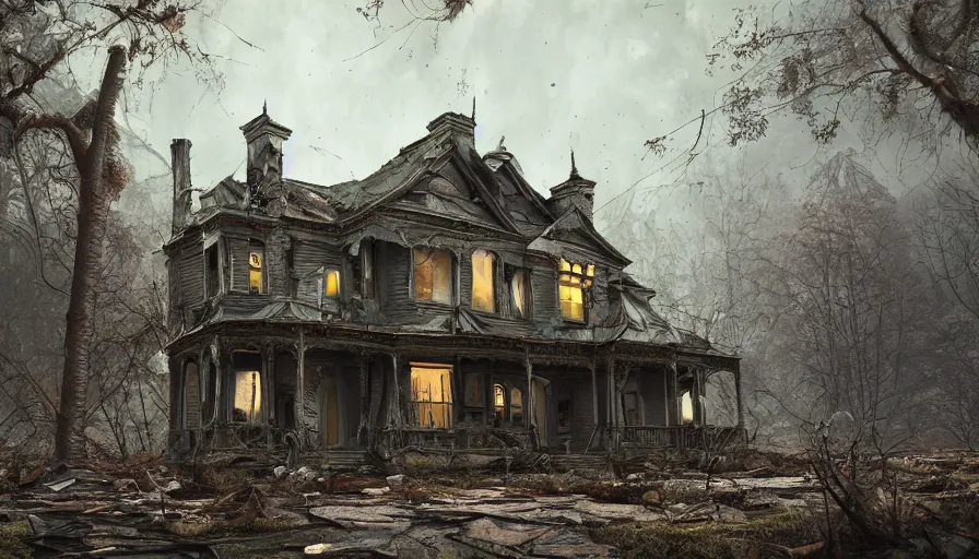 Image similar to old cracked damaged victorian house in the mud, dark forest, hyperdetailed, artstation, cgsociety, 8 k