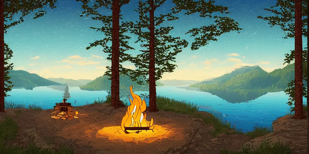 Prompt: a beautiful!!!!!!!! solitary campfire with a beautiful!!! lake in the background, no people, lonely landscape, pixel art, trending on artstation, highly detailed