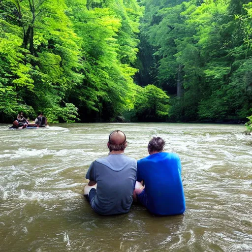 Image similar to two men sitting on a small damn on a river with a forest in the background