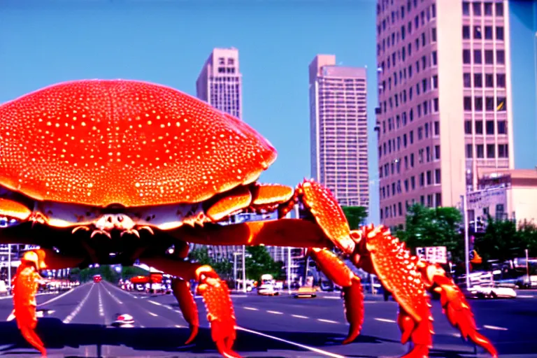 Image similar to 2 0 1 5 cute giant crab terrorizing a city, googie city, americana, fishcore, hd 8 k, photography cinestill