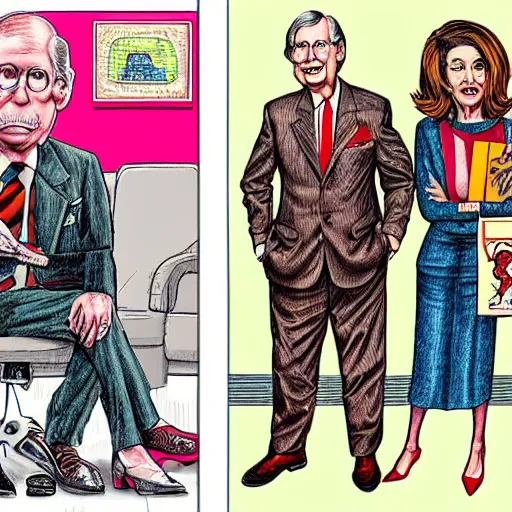 Image similar to The Artwork of R. Crumb and his Cheap Suit Mitch McConnell and Nancy Pelosi, pencil and colored marker artwork, trailer-trash lifestyle
