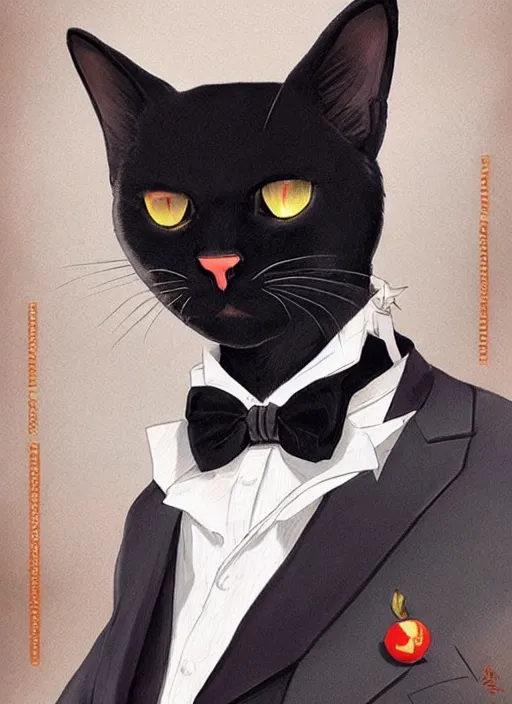 Image similar to portrait of a serious and intelligent black cat scholar in a retro suit, digital art by artgerm and greg rutkowski