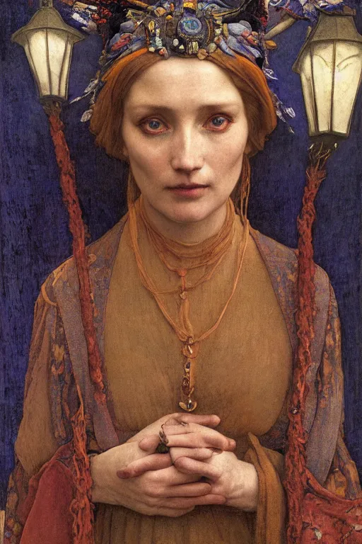 Image similar to portrait of the last witch of the dawn mountains with her lantern and regalia, by Annie Swynnerton and Nicholas Roerich and John Bauer and John William Godward and Donato Giancola and Vermeer, embroidered velvet, iridescent beetles, rich color, ornate headdress, flowing robes, lost runes, ancient civilizations, dramatic cinematic lighting, featured on Artstation, extremely detailed