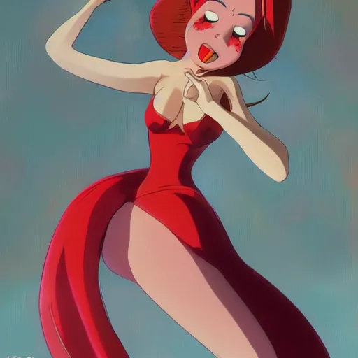 Image similar to jessica rabbit dancing in the spotlight. nime key visual of luffy studio lit directed gaze, trending on pixiv fanbox, painted by greg rutkowski makoto shinkai takashi takeuchi studio ghibli