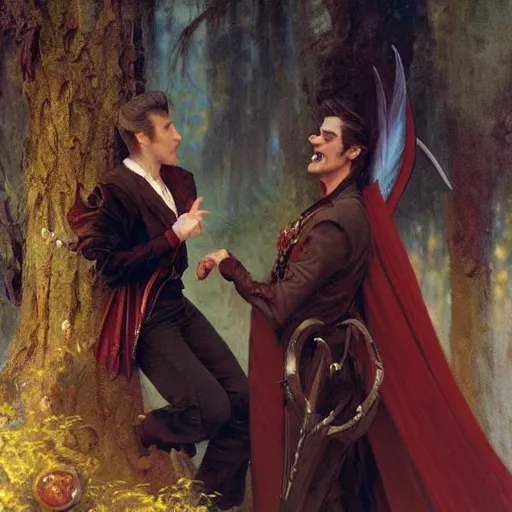 Image similar to attractive male fairy of the forest confesses his love to attractive male dracula the vampire. highly detailed painting by gaston bussiere, craig mullins, j. c. leyendecker 8 k