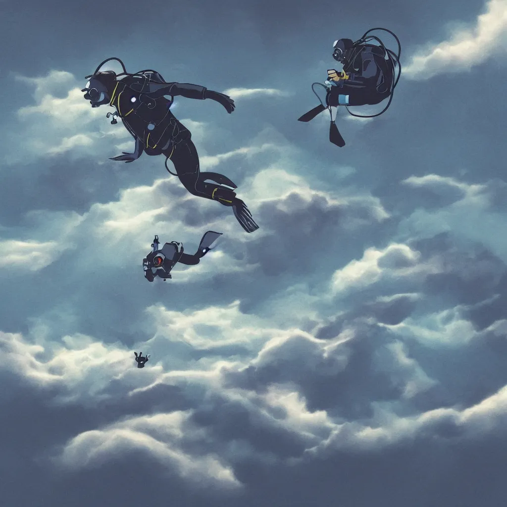 Image similar to a scubadiver floating above the clouds, digital illustration