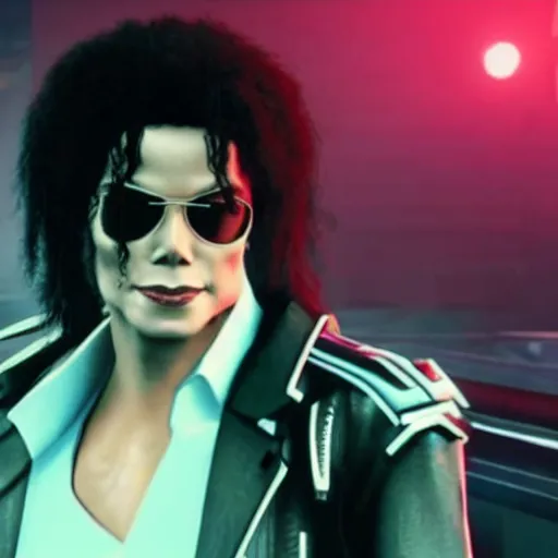 Prompt: Michael Jackson in Cyberpunk 2077, videogame still shot