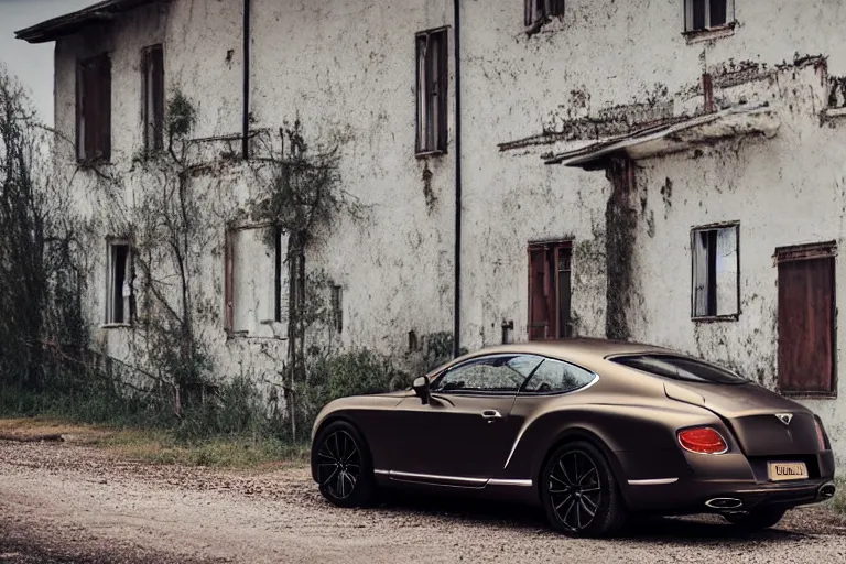 Image similar to modern rusty matte tired Bentley Continental GT without gloss no reflections drives along the road of an old Russian village with houses at the edges