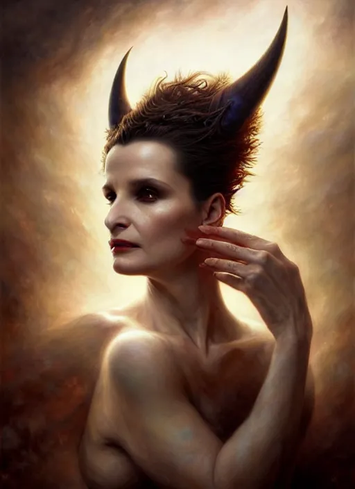 Image similar to julette binoche as an devil, aesthetic, fine art, intricate, elegant, highly detailed, realistic hair, centered, digital painting, art station, conceptual art, soft, sharp focus, illustration, artwork, artgerm, tomasz alen kopera, peter mohrbacher, donato giancola, wlop, boris vallejo