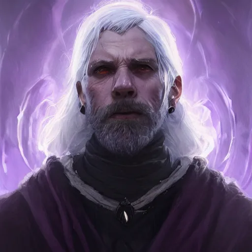 Image similar to portrait of a man with glowing purple eyes, silver hair, wearing a black cloak, concept art, cinematic lighting, detailed face, highly detailed, painting by greg rutkowski