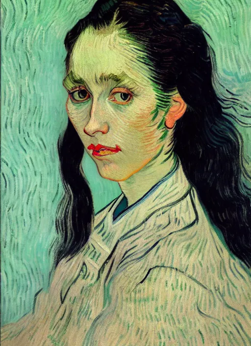 Prompt: portrait of a woman with long black hair, detailed beautiful face in painting, detailed beautiful portrait, expressionist oil painting masterpiece, 8 k resolution, smooth, sharp focus, pastel color palette, trending on artstation, by van gogh