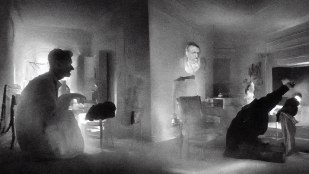 Image similar to an mri image of james cavell in the living room, film still from the movie directed by denis villeneuve with art direction by salvador dali, wide lens